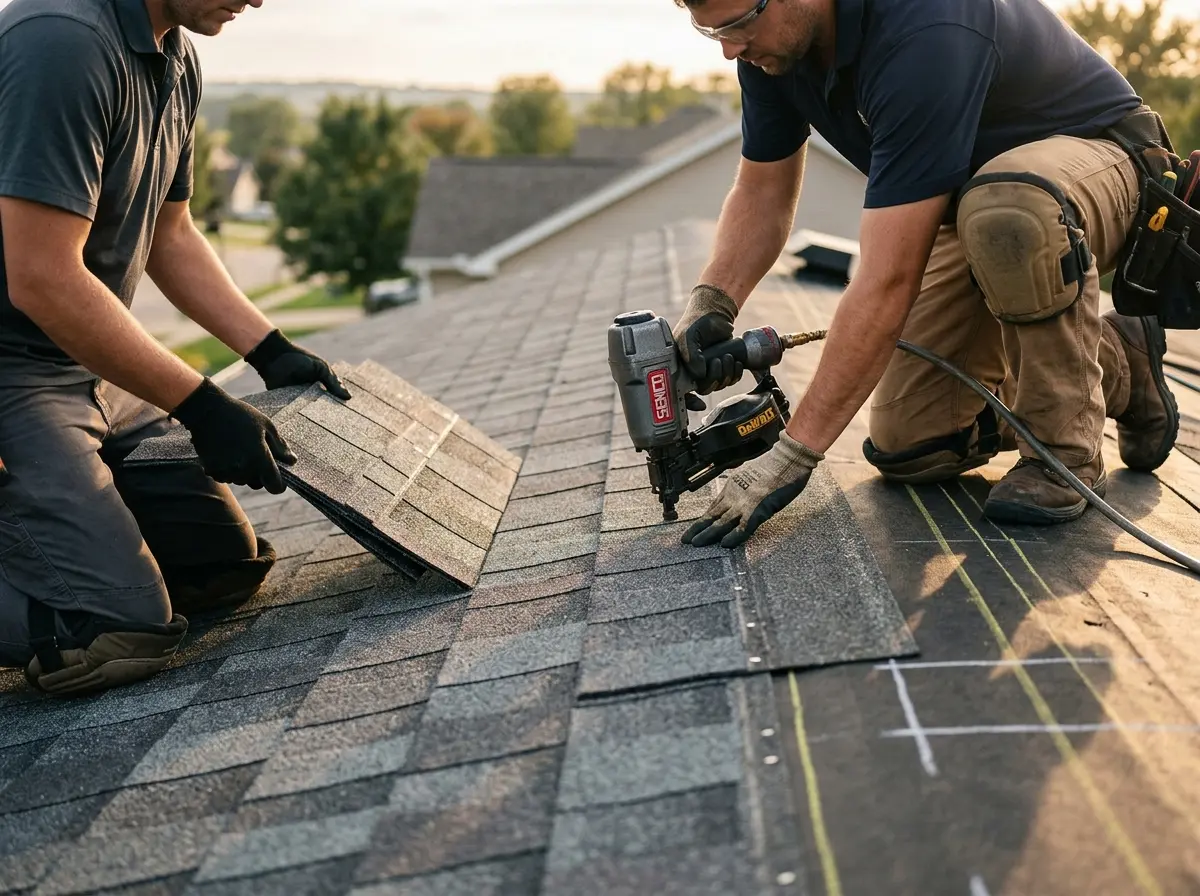 Professional roofer working on a residential roof in O'Hara
